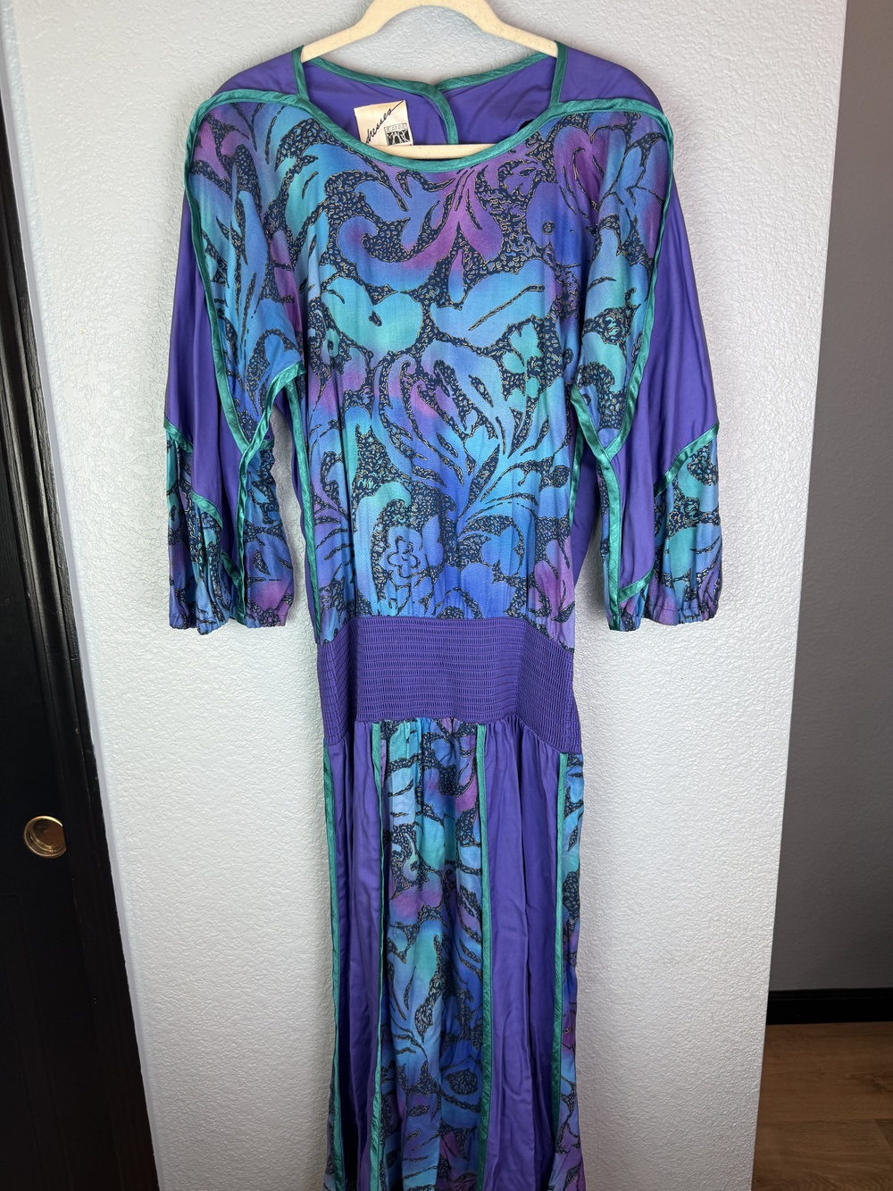 Vintage Jeanne Marc Dress Womens Medium Purple Blue Green Floral Maxi Boho 80s